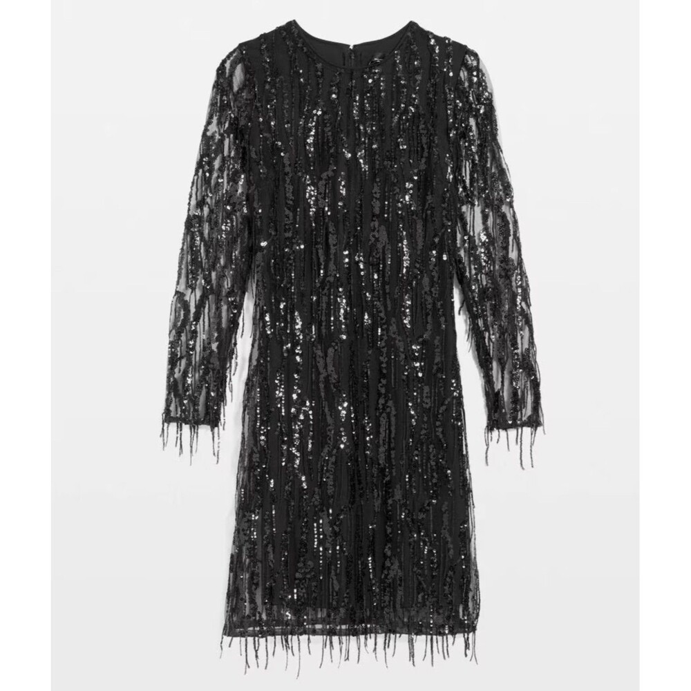 White House Black Market Sequin Fringe Mini Dress NWT Size 8 Black Long Sleeve